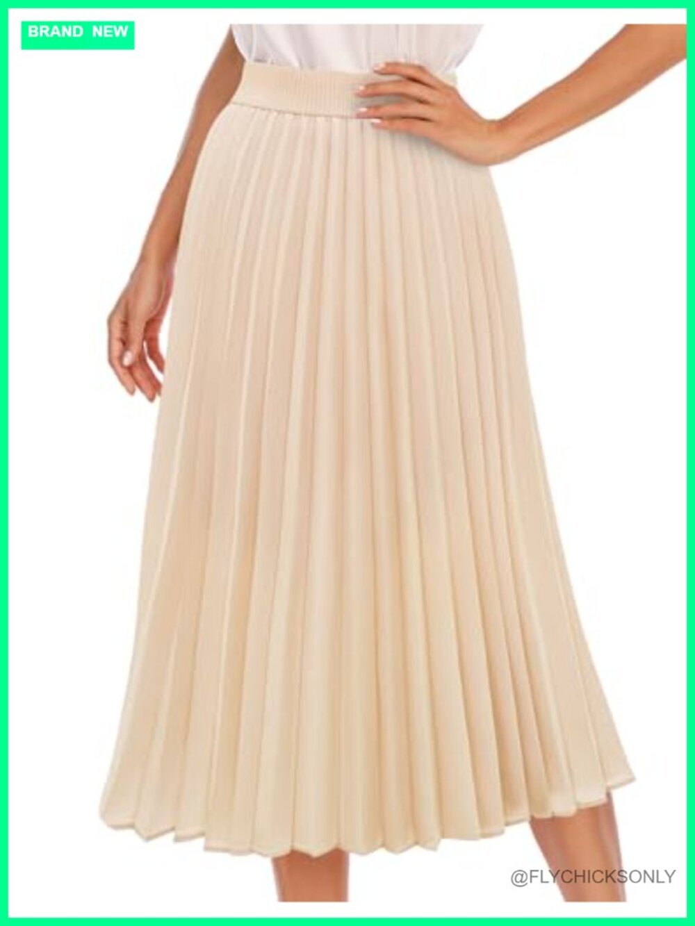 Women Pleated Midi Skirt A-Line High Waist Elastic Chiffon with Lining